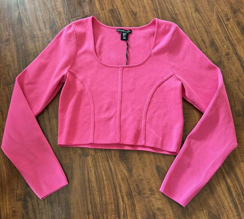 Sincerely Jules Women’s Pink Cropped Top Long Sleeve Stretch Round Neck Size XL